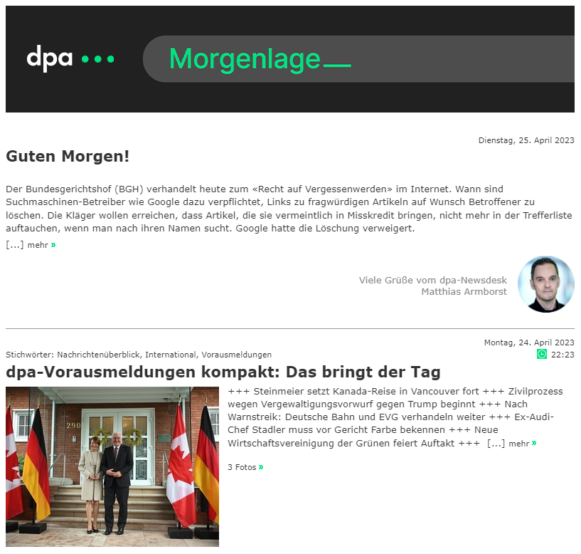 dpa's tweet photo. Guten Morgen! Topthemen heute bei @dpa: Hoffnung auf Waffenruhe im Sudan - UN-Sicherheitsrat will beraten | Russland droht mit Aus für Getreide-Abkommen | Zivilprozess wegen Vergewaltigungsvorwurf gegen Trump beginnt | Bahn-Tarifgespräche | Geiselnahme in Berlin beendet (mda) https://t.co/p7OrfaXDXC