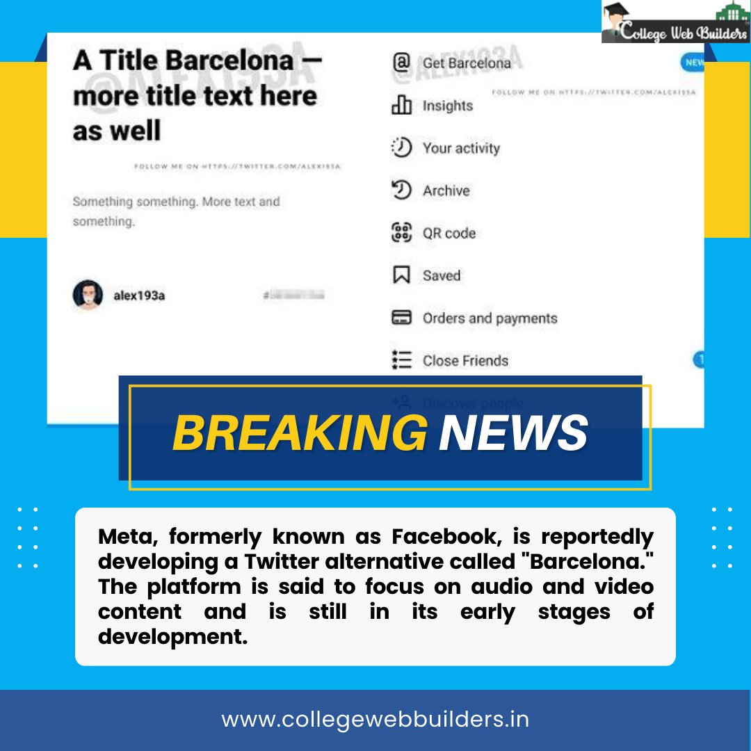 collegebbuilder's tweet photo. Meta created "Barcelona," a video and audio-focused Twitter alternative.

https://t.co/HZ0XxCIqe8

#collegewebbluiders #news #Meta #Facebook #Barcelona #TwitterAlternative #AudioFocus #VideoFocus #SocialMedia #TechNews #DigitalTrends #innovation https://t.co/gU9ijDrq6W