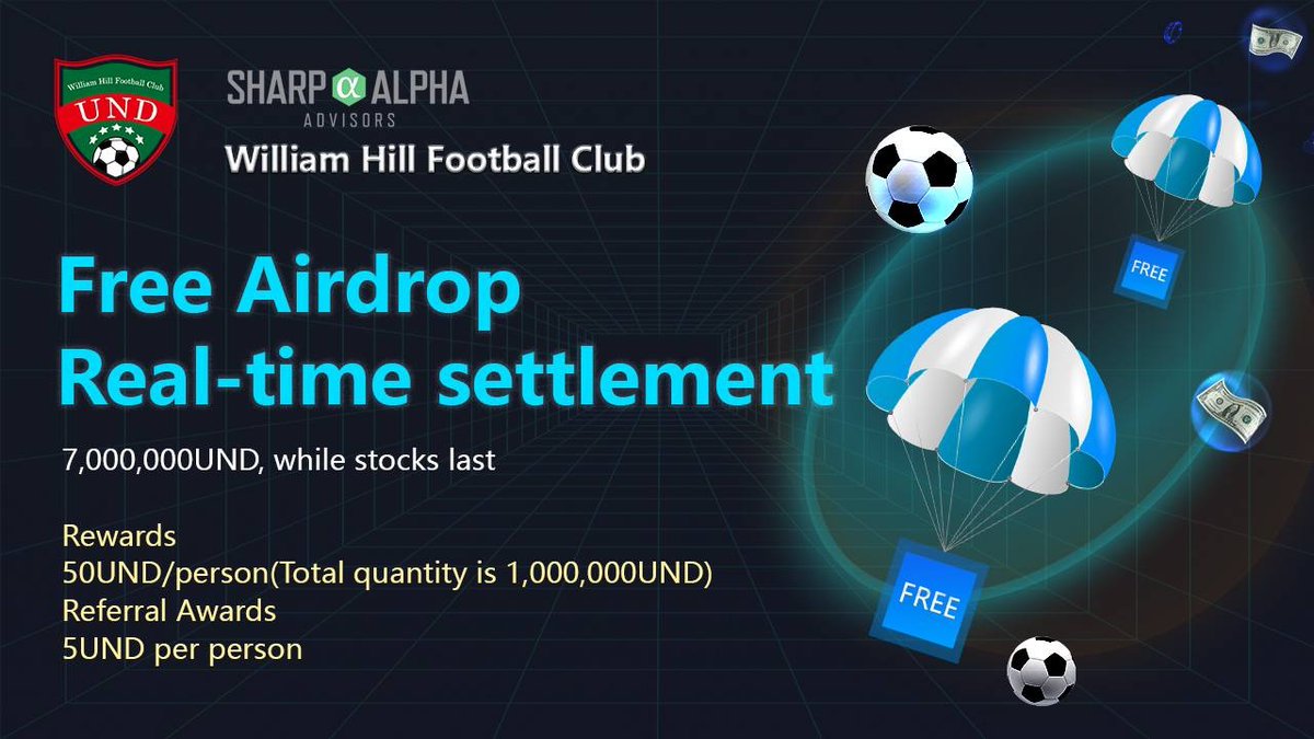 🚀 Airdrop: William Hill Football Club
💰 Value: 100 $UND (Based on the task) and On the Dapp 50 $UND
🏆 Winners: 500 random winners get 100 $UND and each will get 50 tokens in their Dapp registration
👥 Top 50 Referrals: 10 $UND per referral on the bot
📼 Audit: Coinsult
📅 End