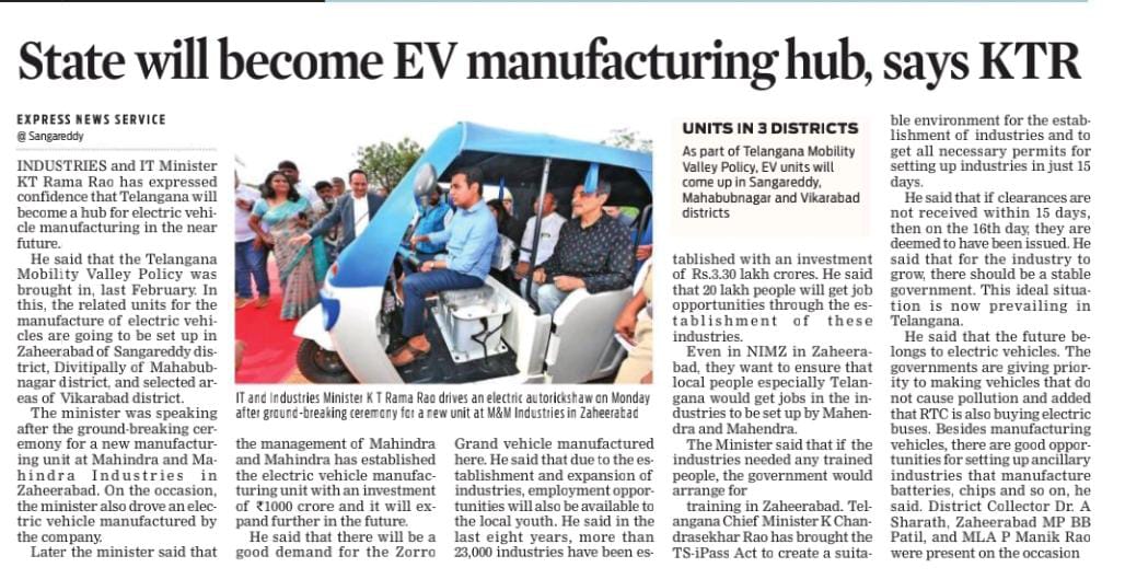 MinisterKTR's tweet photo. Industries Minister @KTRBRS expressed confidence that #TriumphantTelangana will become Electric Vehicle🔌 manufacturing hub in the near future.

The Minister said that there are good opportunities for setting up ancillary industries that manufacture batteries🔋, chips &amp; so on. https://t.co/GKFAW6ywTA