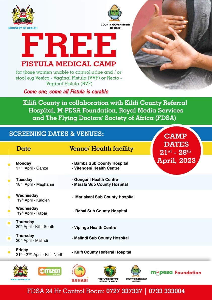citizentvkenya's tweet photo. Royal Media Services, MoH-Kilifi County, M-PESA Foundation &amp; Flying Doctors Society of Africa are calling upon women living with fistula to come for FREE fistula treatment @ Kilifi County Referral Hospital from 21st - 28th April 2023

For more details call 0727 337337/0733 333004 https://t.co/Y88YBOdWhS