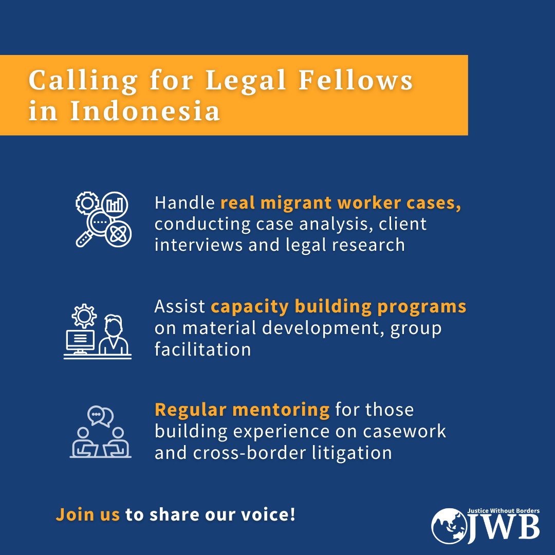 forJWB's tweet photo. JWB is now recruiting legal fellows for our Indonesian office. Join us to handle casework and assist our capacity building programs to help vulnerable migrant workers. Law students are welcome.
https://t.co/uiXIladQbe
#teamjwb
#Supportingmigrantworkers #IsOurSharedVoice https://t.co/B2ZduzCzvU