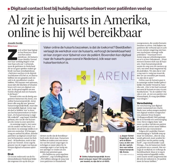 Arena huisarts doet met 30 huisartsen momenteel 4500 online contacten per maand: 7,5 per huisarts per dag.

In een gewone praktijk zijn dat er 28 (@Nivel_research)
Is Arene een oplossing voor het huisartsentekort? Of trekt het broodnodige praktijkhouders naar de digitale wereld?