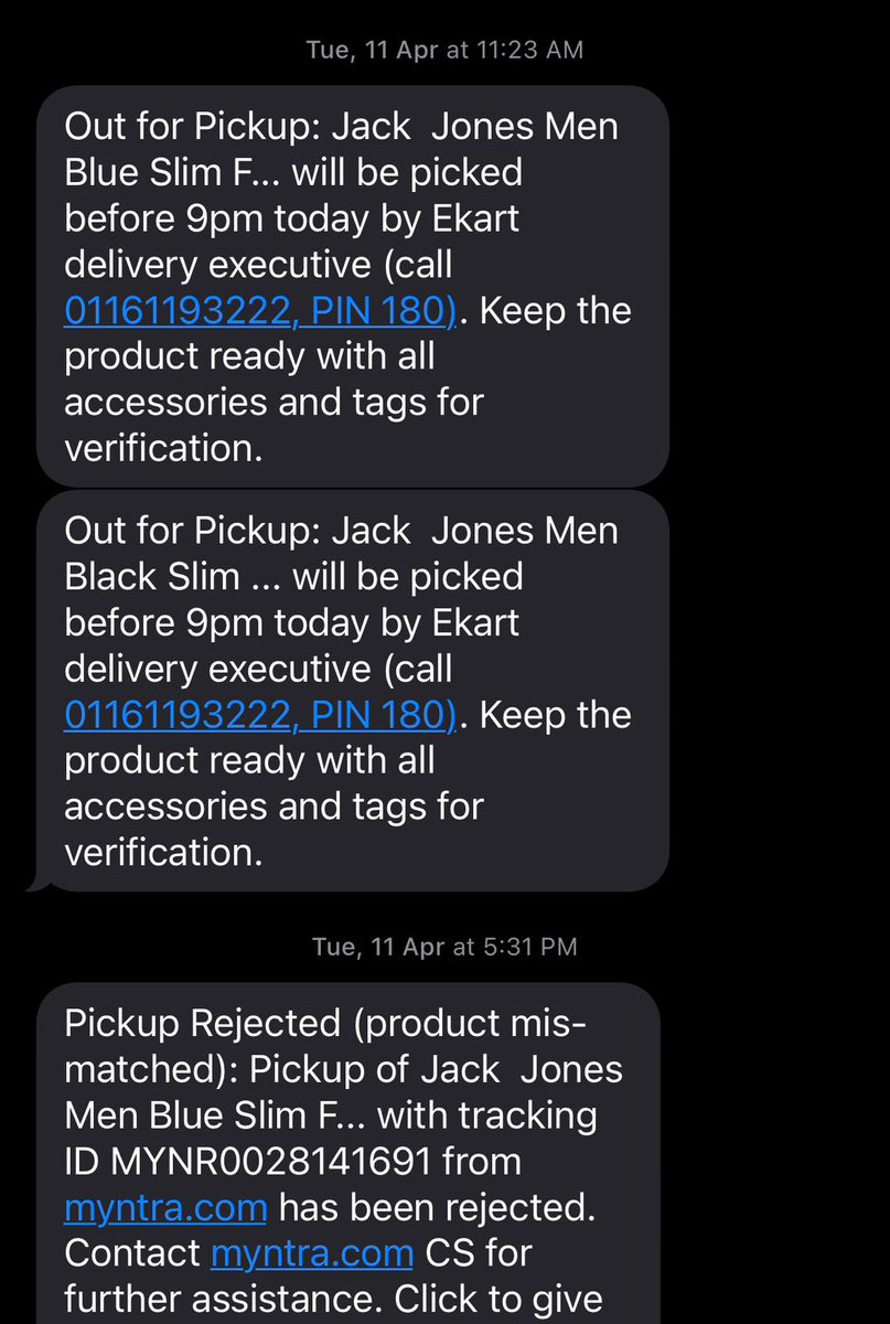 Tutss_22's tweet photo. @myntra And the customer agent says they have no information about the pickup on the date I mentioned when I clearly sent them this screenshot. I dont what else I need to do, first getting abused by delivery agent and myntra absolutely refusing to help. https://t.co/CwsdfQiJTi
