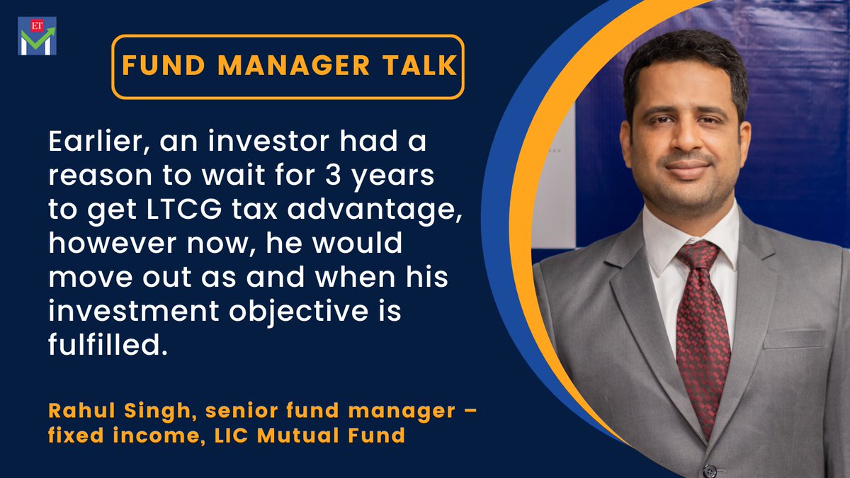 ETMarkets's tweet photo. #FundManagerTalk: Hybrid funds with 35% equity/arbitrage exposure could be in demand for indexation benefits post the tax amendments, said Rahul Singh, senior fund manager – fixed income, LIC Mutual Fund.

https://t.co/sHaQDGzSen https://t.co/2pS5YwKyVU