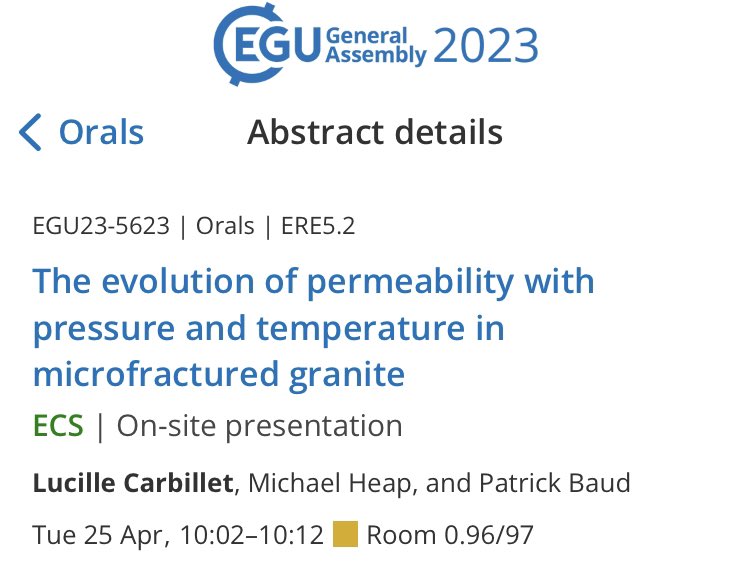 LDR_Strasbourg's tweet photo. .@lucillecbt will be talking about her new high pressure, high temperature permeability measurements on cracked granite this morning at #EGU23! Check it out! 👇 @geophyse @ecole_terre @ERE_EGU https://t.co/y3XApcHQfe