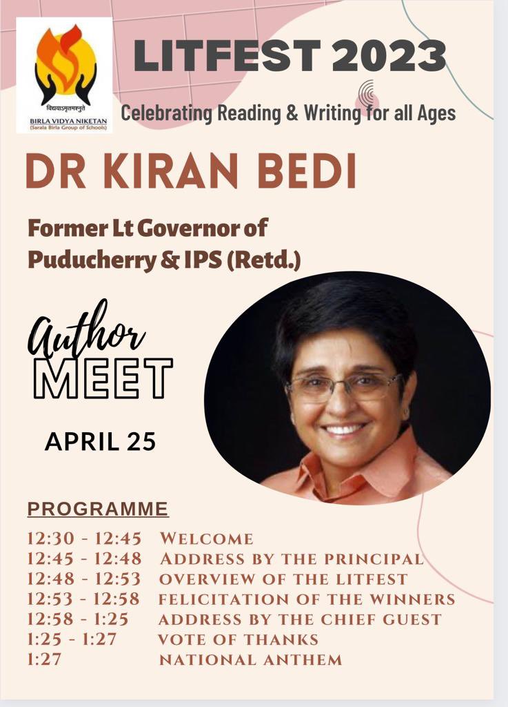 thekiranbedi's tweet photo. Today at 12:30pm with Birla Vidya Niketan School @BVN_delhi #LITFEST23 #Author #writing #Reading #AuthorMeet #Students #Childrens https://t.co/T1Hg1HyM1P