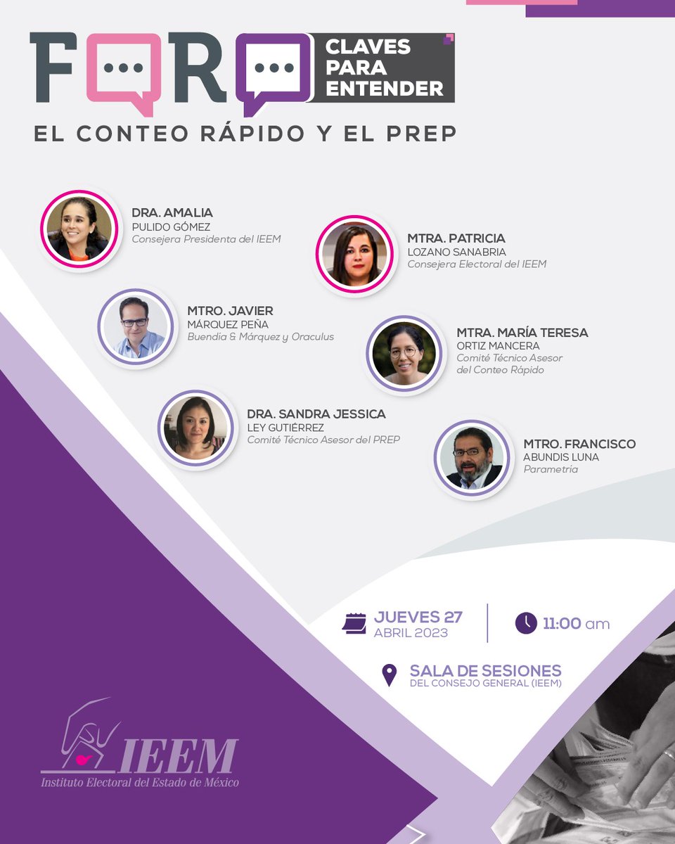 El IEEM te invita al Foro "Claves para entender el Conteo Rápido y el PREP".

Participan: <a href="/pulido_amalia/">amalia pulido</a>, <a href="/Paty_Lozano_/">Patricia Lozano</a>, <a href="/TeresaOM/">Maria Teresa Ortiz</a>, <a href="/sjleyg/">Sandra Ley</a>, <a href="/Paco_Abundis/">Francisco Abundis</a> y Javier Márquez.

🗓 27 de abril
🕚 11:00
📍 Sala de Sesiones del Consejo General del IEEM    

¡Te esperamos!