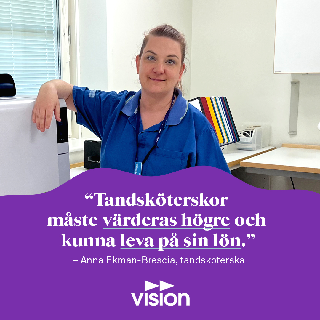 vision_fack's tweet photo. Visions undersökning visar att många tandsköterskor ångrar sitt yrkesval på grund av den låga lönen, stressen och den höga arbets­belastningen. Enligt jämförelser med yrken med motsvarande utbildningskrav och svårighetsgrad är yrket tandsköterska är undervärderat. https://t.co/9qLv2yNHW0