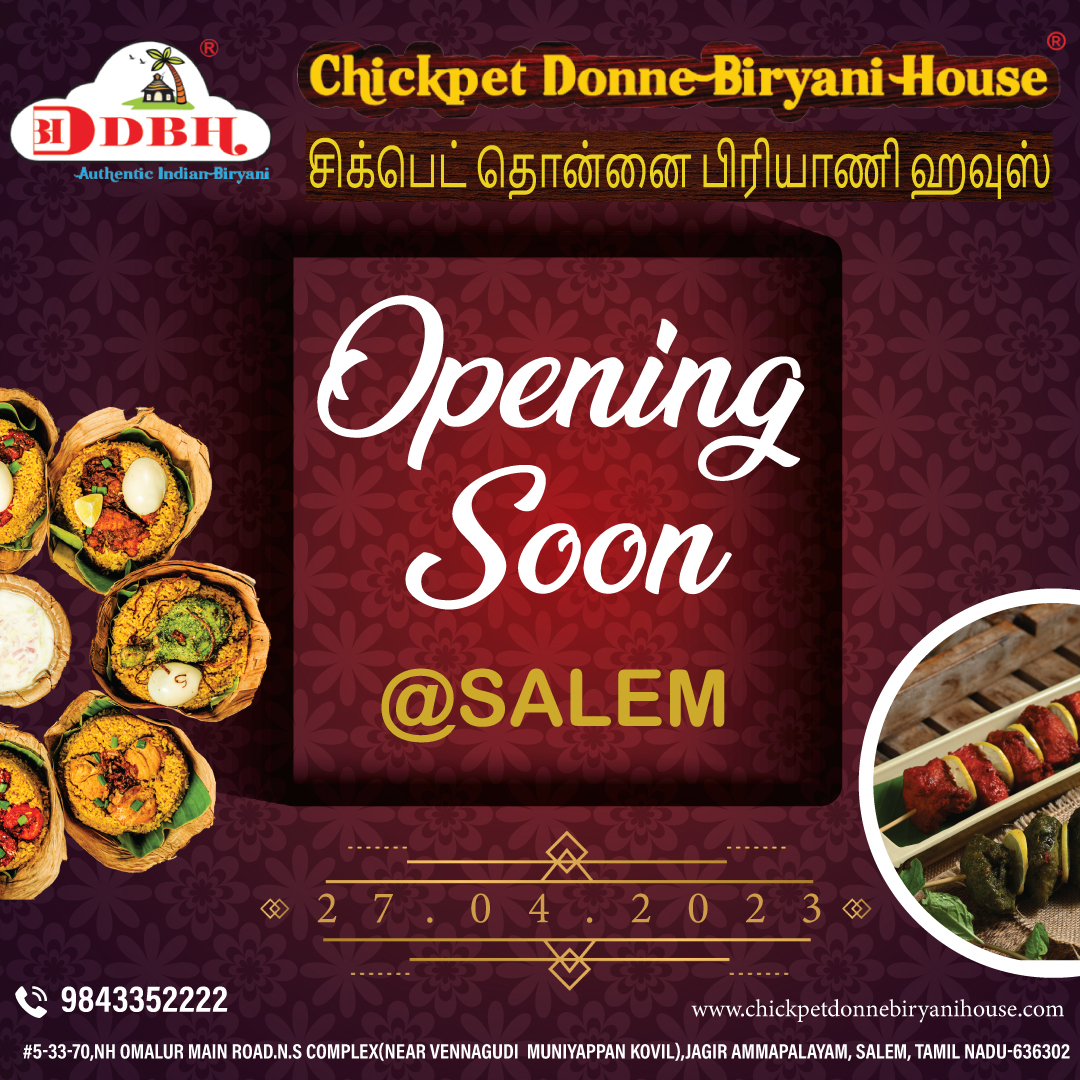 ChickpetDBH's tweet photo. One more outlet to the list and one more place where you can enjoy the best Chickpet Donne Biryani! 
Come, join us on 27th of April to witness the Grand Opening of your favorite Chickpet Dnne Biryani House! 
5-33-70, NS Complex, NH, Omalur Main Rd Salem
#salem #Food #restaurant https://t.co/zx82sP9s7r