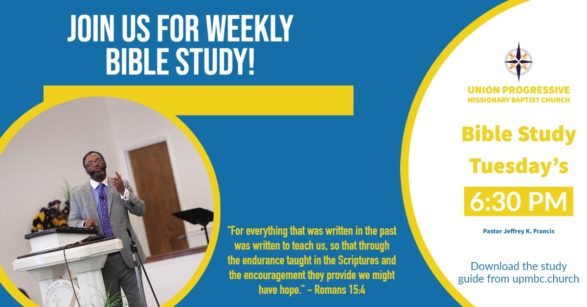 UPMBCJax's tweet photo. Our mid-week in-person Bible Study takes place each Tuesday at 6:30 PM.  Download the study guide from our website and join us this week.
⁠
#UPMBCJax⁠
#BiBleStudy https://t.co/Y7OGit0X68