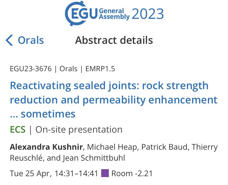 LDR_Strasbourg's tweet photo. .@LaKushnir will talk about reactivating sealed joints, with implications for permeability, at 14H31 this afternoon at #EGU23 in room -2.21! 👇 @geophyse @ecole_terre @EPFL_en @EGU_EMRP https://t.co/62lkKT24pg