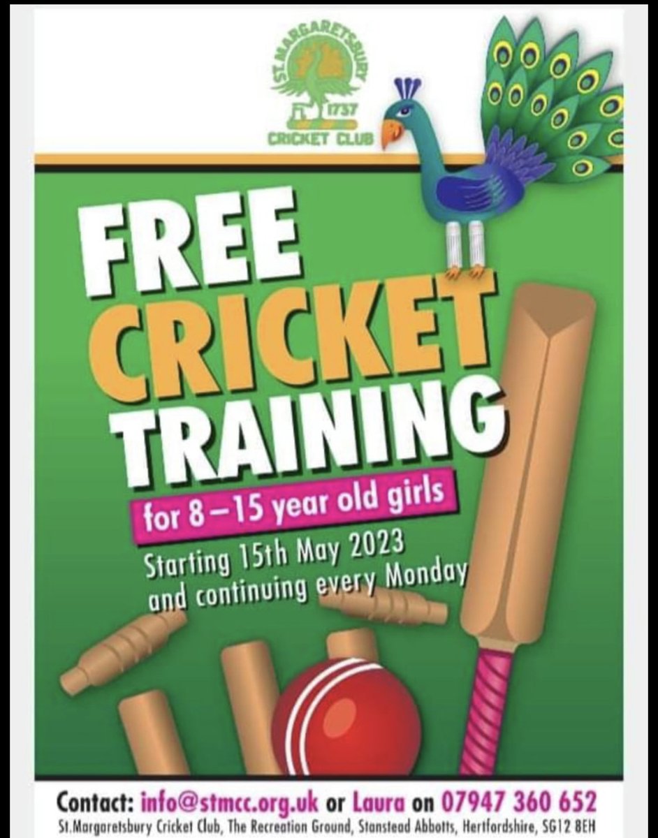 stmargscc's tweet photo. STMCC is once again running free training sessions for girls who are interested in playing cricket. 

Sessions will be at The Bury on Monday evenings starting on the 15th May. 

🏏🦚💚💛 https://t.co/tDYFlfSx7Q