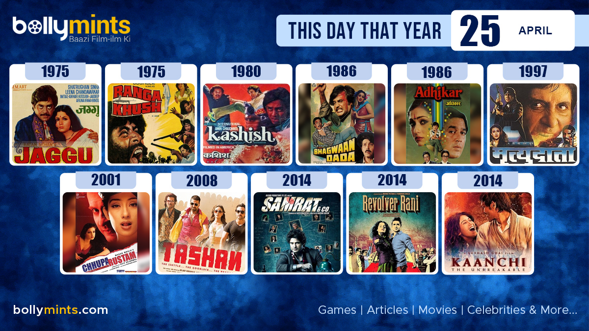 BollyMints's tweet photo. Here are the few #BollywoodMovies released on this day. Stay tuned at https://t.co/ohKmuyqHCy for more #updates #ThisDayThatYear #25April #Jaggu #RangaKhush #Kashish #BhagwaanDada #Adhikar #Mrityudata #ChhupaRustam #Tashan #SamratAndCo #RevolverRani #Kaanchi https://t.co/7sNqG86T2Y