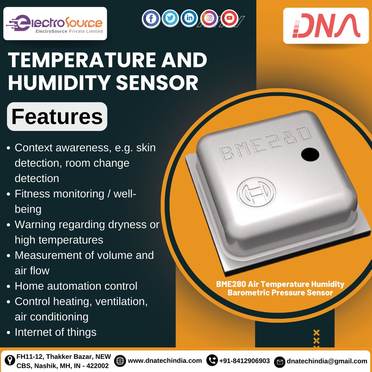Temperature and Humidity Sensor
BME280 Air Temperature Humidity Barometric Pressure Sensor
#temperature #humiditysensor #context #awareness #skindetection #changedetection #fitnessmonitoring #wellbeing #fitnessmonitoring #warning #regarding #hightemprature #measurment #flow