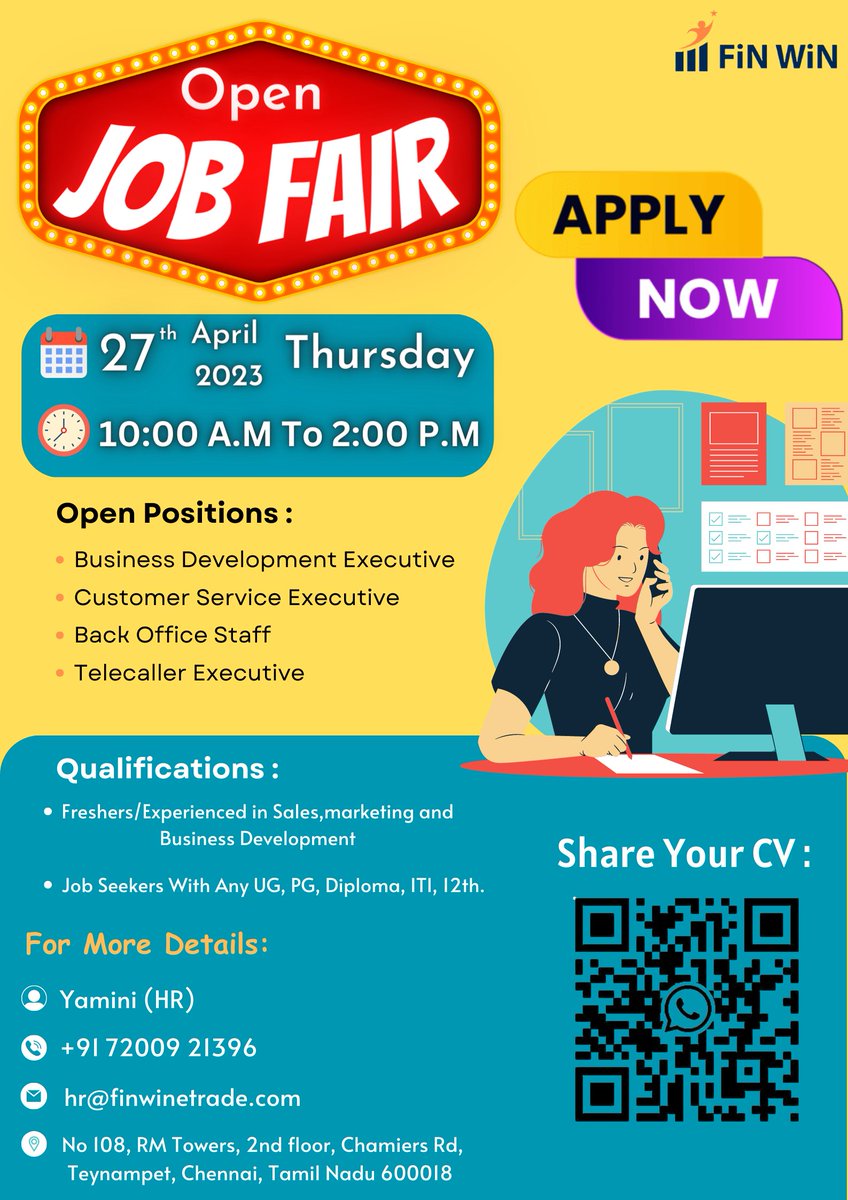 Finwinetrade's tweet photo. Great opportunity For Job Seekers📷 Apply Now and fix up your interview to join our Team!
To Apply Contact : Yamini (HR)
+91 72009 21396 or Mail us at : hr@finwinetrade.com
#job #jobsearch #jobalert #jobs #jobseekers #chennaijobs #jobfair2023 #chennaijob #careers #jobopening https://t.co/7MMd0EOfJ7