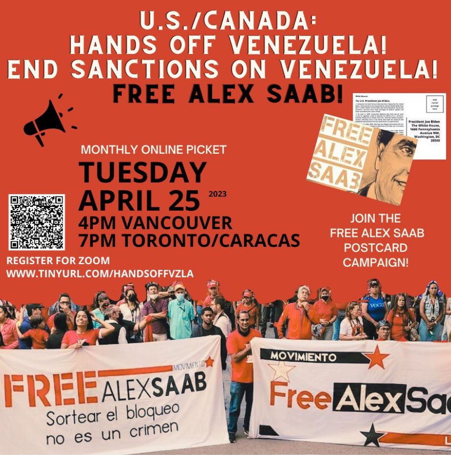 April 25: US/Canada #HandsOffVenezuela Monthly Virtual Picket Action! #FreeAlexSaab ✊🇻🇪 w/Ana Gabriela Salazar @SuresDDHH, @Arnold_August, @FreeAlexSaabOrg + more!
Register online at: tinyurl.com/handsoffvzla #AlexSaab #cdnpoli #uspoli #vanpoli #FreeAlexSaabNow