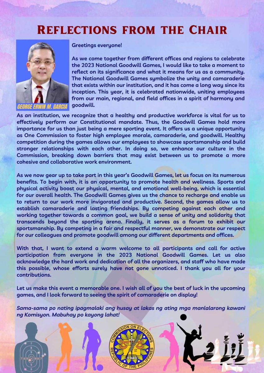 OEO_MALAY's tweet photo. Mensahe ni COMELEC Chairman George Erwin M. Garcia ukol sa isinasagawang COMELEC National Goodwill Games https://t.co/vQEUxjXx4P