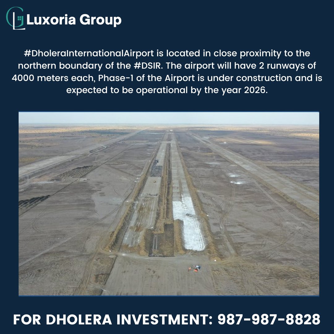 #DholeraInternationalAirport is located in close proximity to the northern boundary of the #DSIR.
The airport will have 2 runways of 4000 meters each, Phase-1 of the Airport is under construction and is expected to be operational by the year 2026.