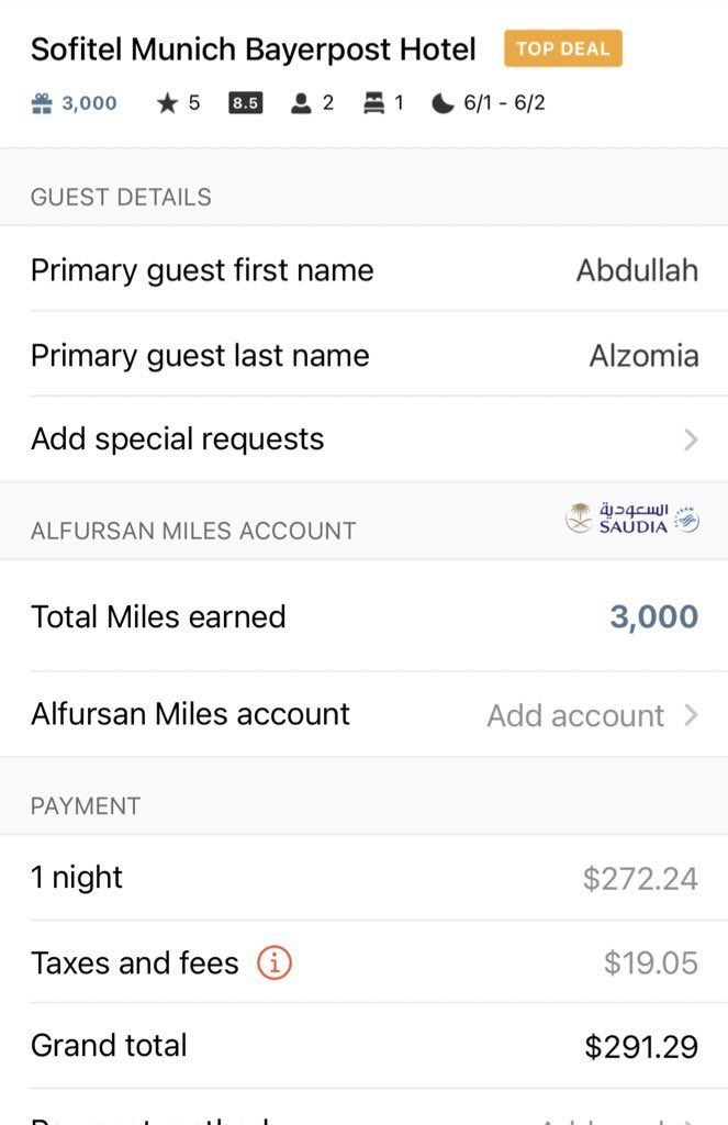 AAlzomia's tweet photo. تطبيق #Rocketmiles يعطيك اميال ومكافأت على حجوزات الفنادق وبنفس أسعار #Booking 🔥
جربت على فندق سوفتيل ميونخ واعطني نفس سعر بوكنق وفوقها ٣ الاف ميل في الفرسان.
تقدر تاخذ نقاط في برنامج ولاء اخر غير الفرسان مثل:
#القطريه
#الاتحاد
#العماني
#امازون (بطاقة مشتريات)
#الاهلي لك
#العربيه
🚨 مهم تقارن مع #بوكنق قبل تحجز لانه لا ينطبق على كل الفنادق.
رتب النتائج بحسب عدد الاميال.
https://t.co/b29hwNt1Ol…