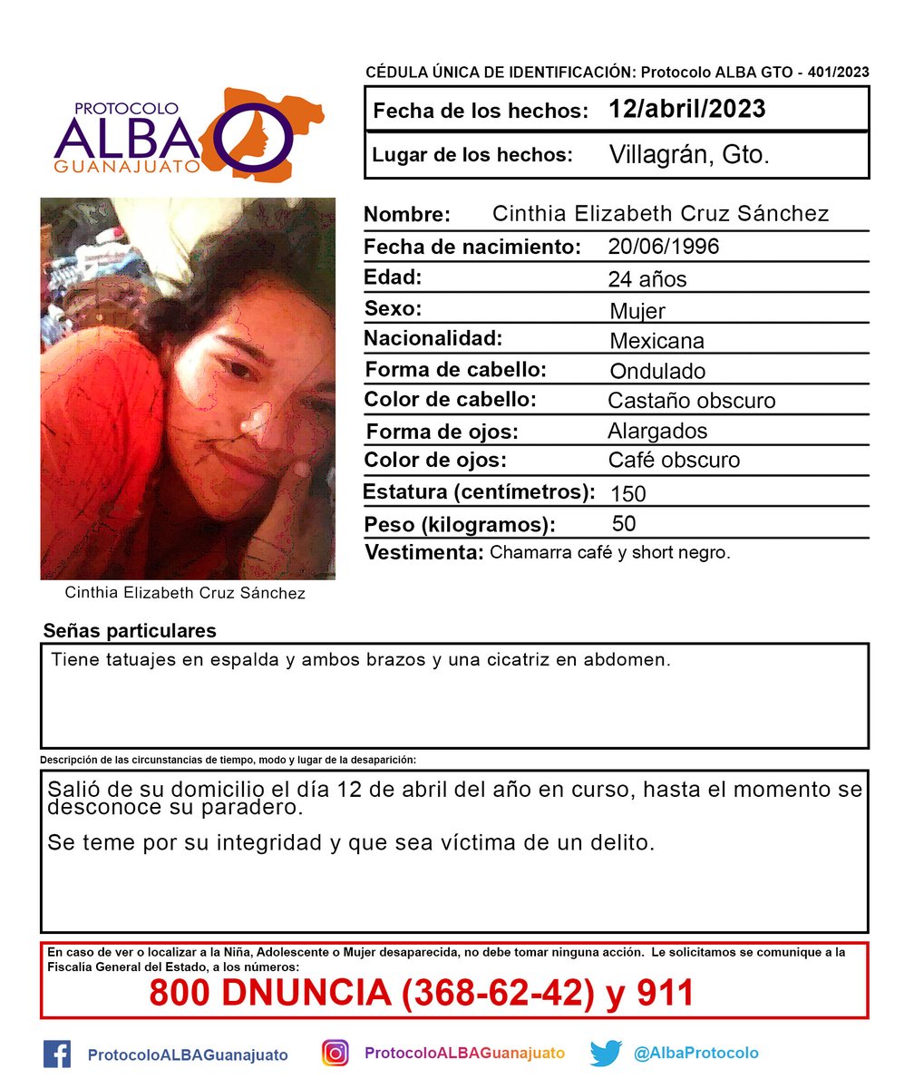 Activación de Protocolo ALBA Guanajuato de Cinthia Elizabeth Cruz Sánchez de 24 años de edad de Villagrán, Gto. ¡Ayúdanos a localizarla!
