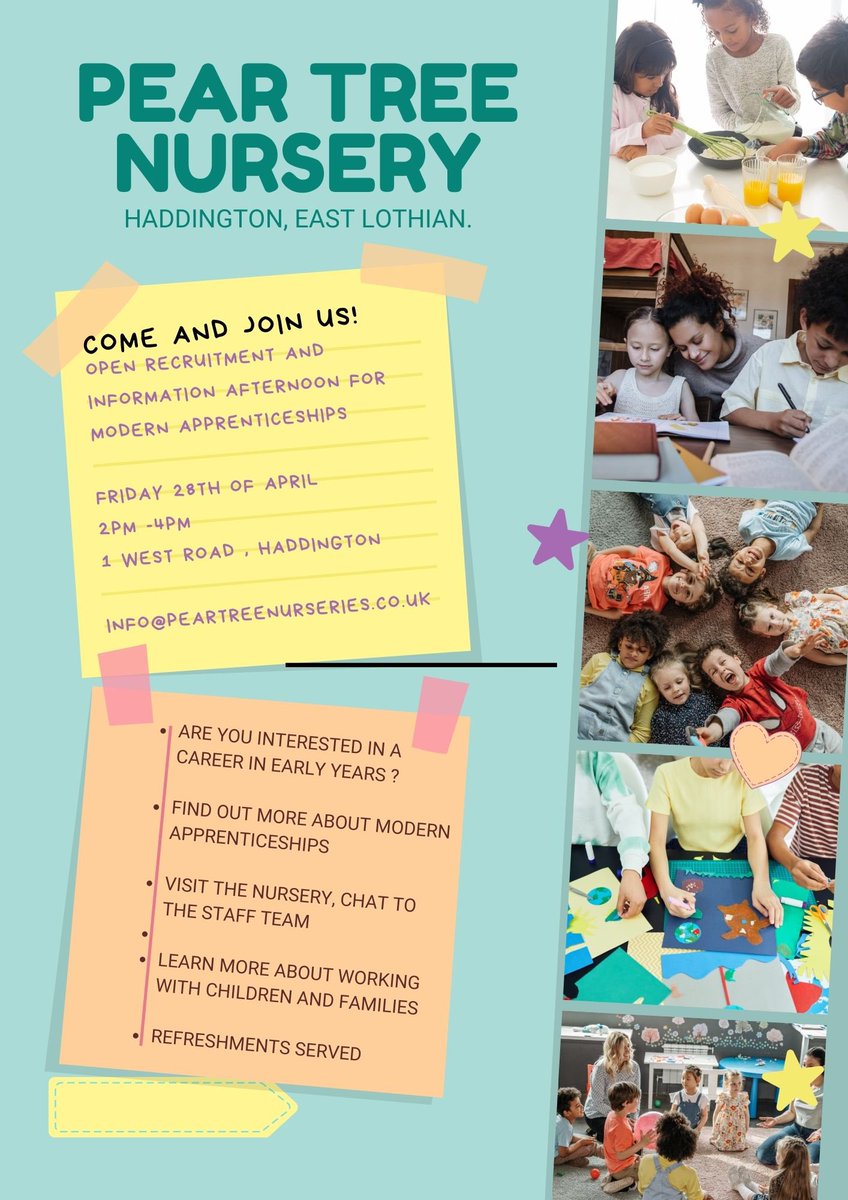 azilotraininguk's tweet photo. 🚨Open Recruitment Day Announcement  🚨 

Come along to Pear Tree Nursery, 1 West Road, Haddington, Edinburgh on Friday 28th April 2023, 2pm-4pm. The team at Pear Tree &amp; our Edin Assessors 
 will be there to speak to you 
 about childcare apprenticeships #earnwhileyoulearn https://t.co/kGLsTQf20j