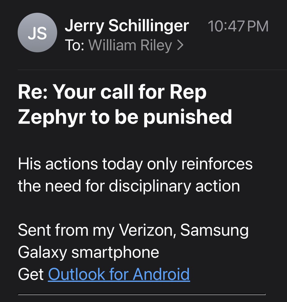 I wrote to the MT “Freedom” Caucus tonight a out their call to have @ZoAndBehold punished. I get a response from Rep Schillinger wherein he misgender Rep Zephyr. 

HER actions speak volumes. As do his words. Plz MT vote people like Schillinger OUT. #IStandWithHer