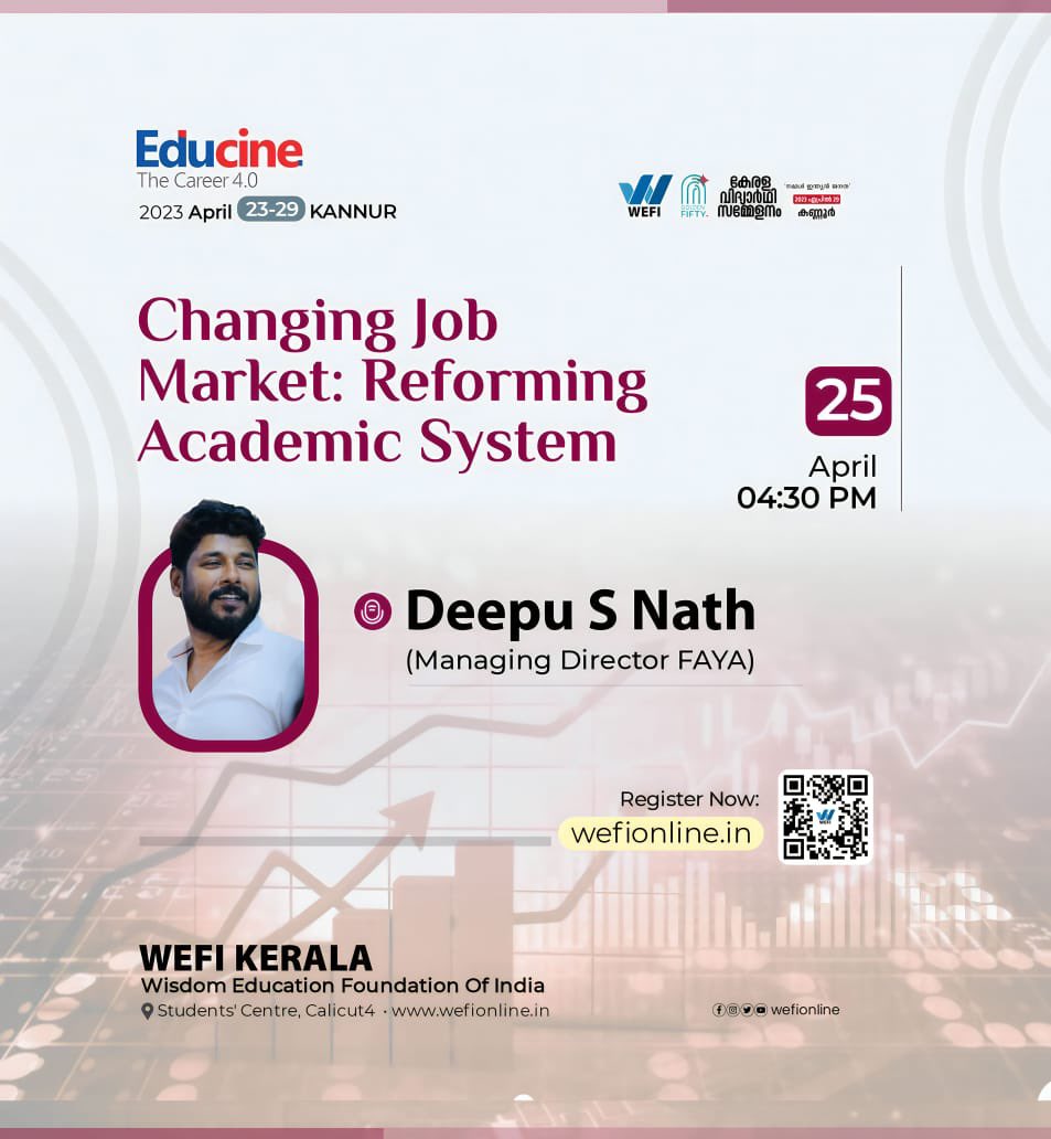 deepusnath's tweet photo. Excited to be speaking at #Educine in Kannur on the changing job market and reforming academic system. Join me as we discuss how to better prepare students for the future of work. #EducationConference #FutureOfWork https://t.co/CiX5mwPpFO
