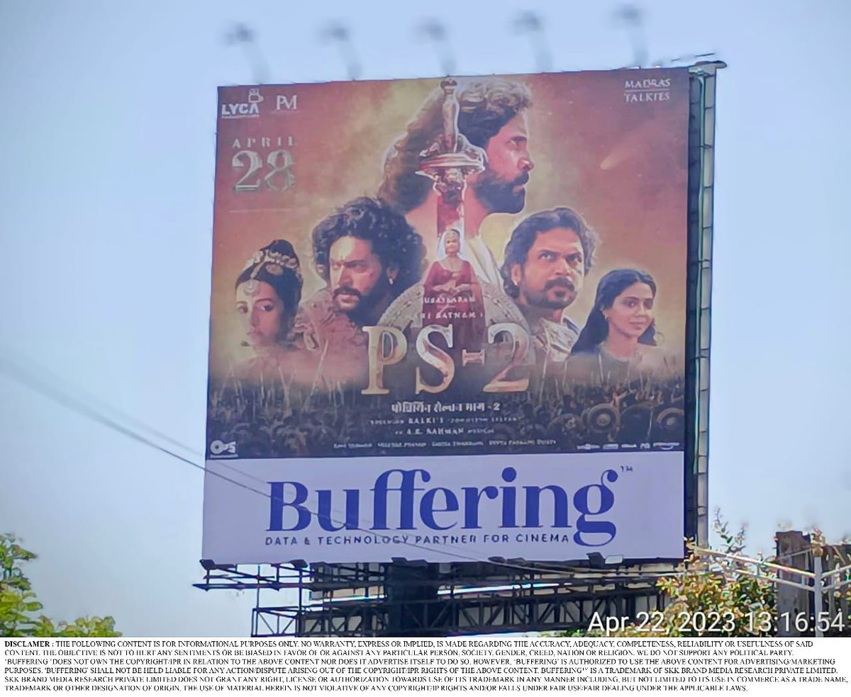 #Buffering #amplifies the reach for movie 'PS-2' by Lyca productions in Mumbai, Delhi & South Indian markets. Releasing on 28th April 2023. #Mediapartner - #BUFFERING.
#Buffering_MediaTech #dataamplification #PS2