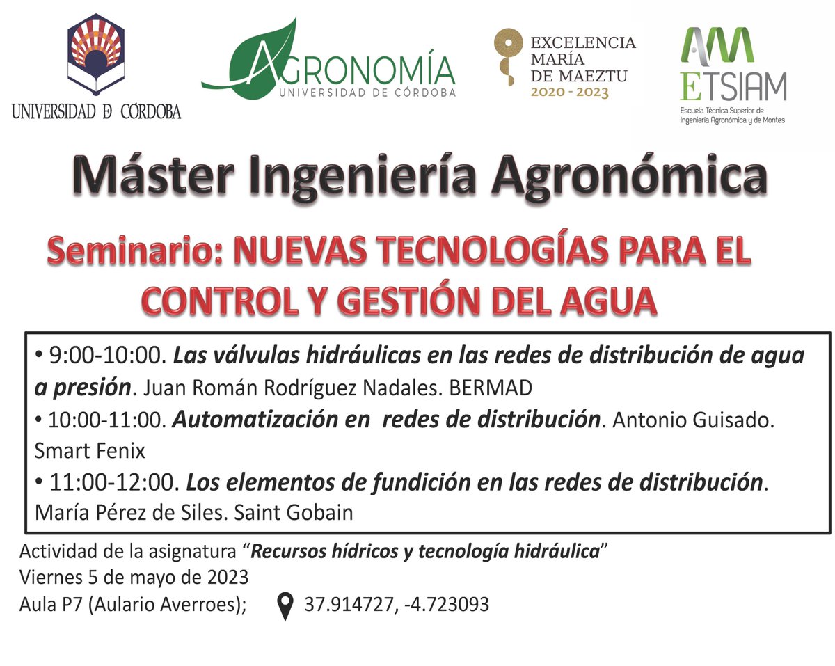 El viernes 5 de mayo celebramos la "Jornada Nuevas Tecnologías para el Control y la Gestión del Agua 2023". 
Actividad de la asignatura "Recursos Hídricos y Tecnología Hidráulica" del <a href="/ETSIAM_MIA/">MIA</a>
