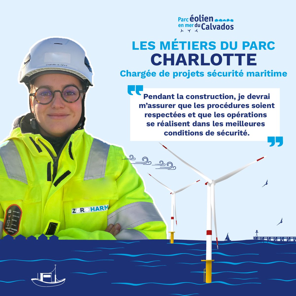 EolMerCalvados's tweet photo. Les métiers du parc #EolienEnMerCalvados👷
6⃣questions à Charlotte, chargée de projets sécurité maritime
🗨️Fière de participer tous les jours à la #transitionénergétique, elle revient sur ses différents fonctions au sein du parc. 
➡️ https://t.co/pTIHFDo51d https://t.co/nN7TattILX