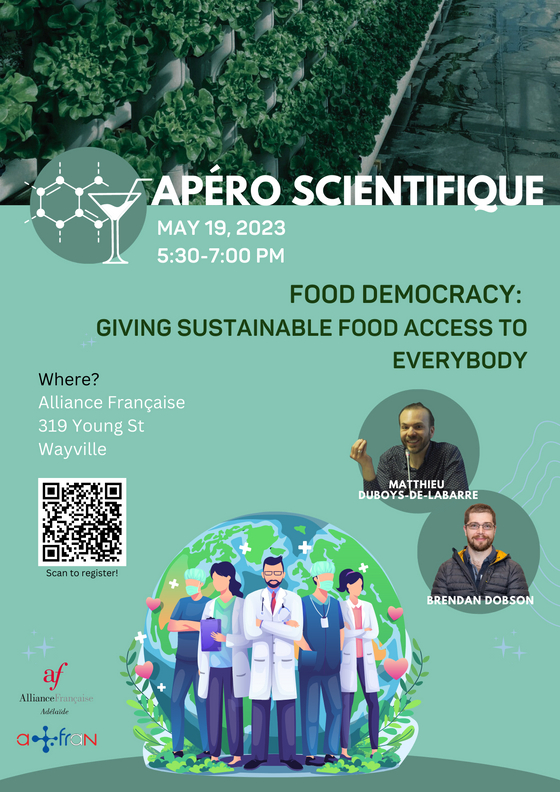 afran_org's tweet photo. What's up South #Australia? Want to learn more about #Foodtransition? 
@AFdAdelaide &amp; AFRAN will host an🍷#Apéro Scientifique on🗓Friday 19 May at📍Alliance Française, 319 Young St, Wayville

Book a seat here: https://t.co/cK2pohaTuM https://t.co/jyyIxF752v