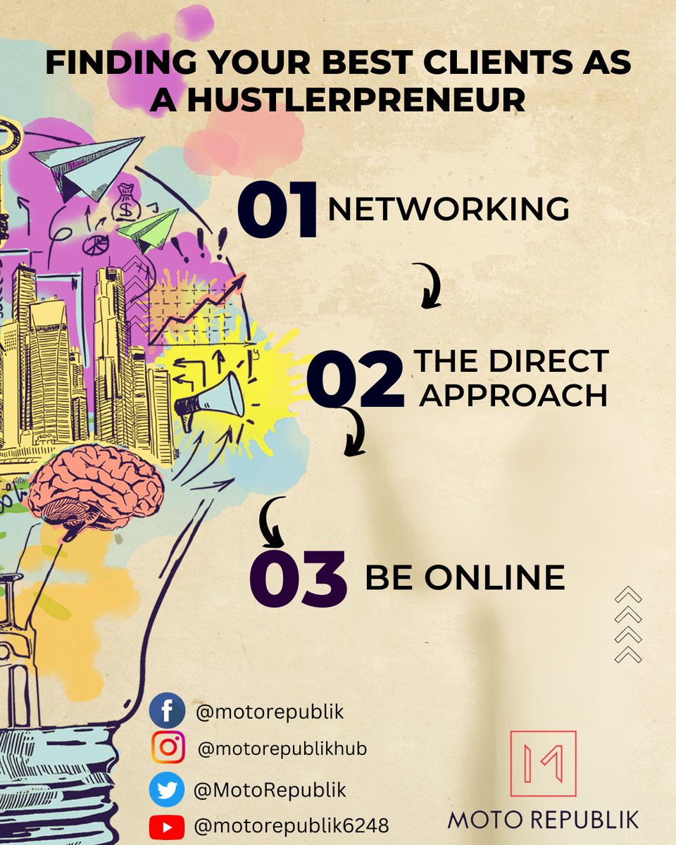 MotoRepublik's tweet photo. Hustlers!
Grow your business by staying up to date with Moto Republik online for notices of upcoming networking events.
Read this piece for more on getting your best clients, https://t.co/Bzv5XogVUw 
#HustlersMarket #May06 https://t.co/jDIi8EECTx