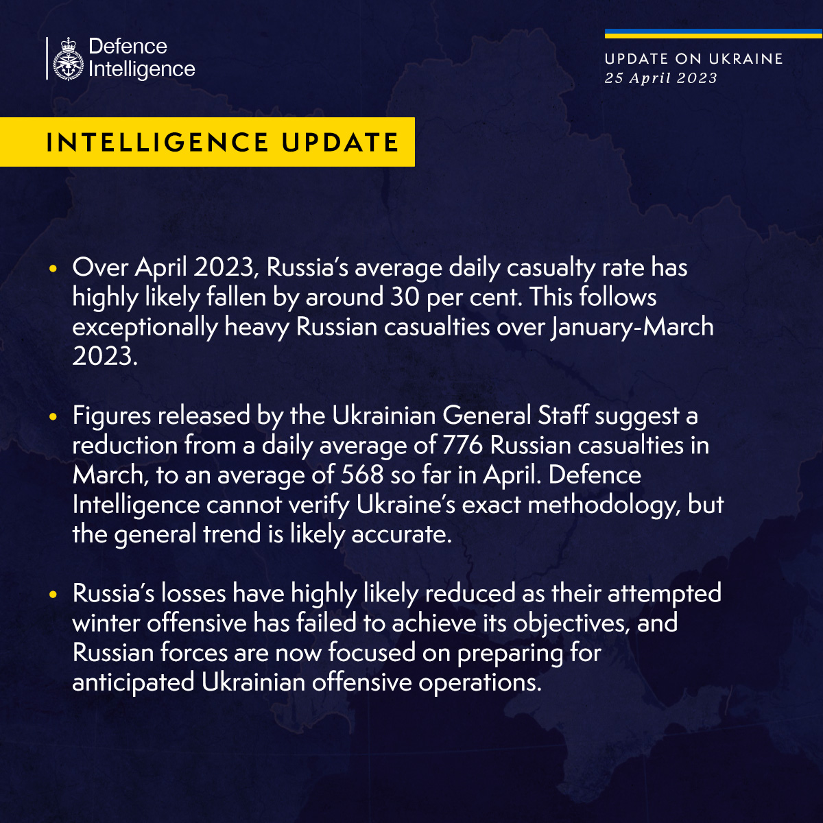 Latest Defence Intelligence update on the situation in Ukraine - 25 April 2023.