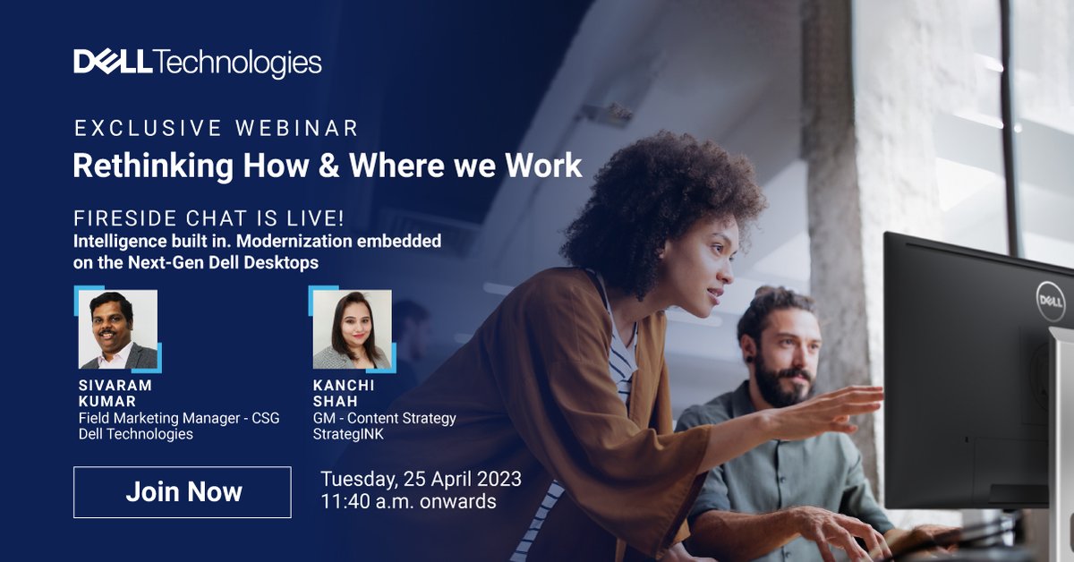 #webinarislivenow #firesidechatislive
Sivaram Kumar, and Kanchi Shah, are live now at the exclusive webinar - Rethinking How and Where We Work powered by @DellTechIndia.
attendee.gotowebinar.com/register/10406…

#productivity #workplaces #automation #security #efficiency #wherewework