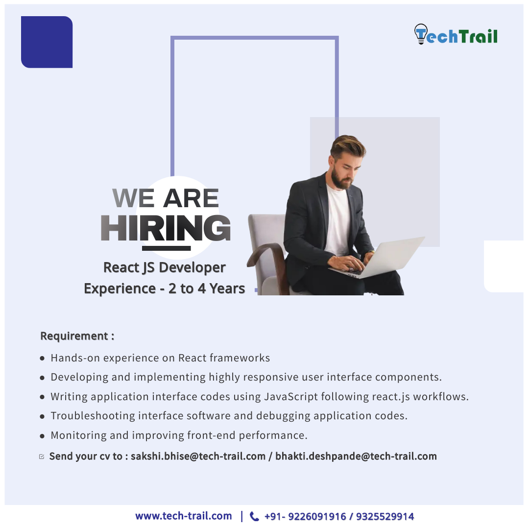 TechtrailT's tweet image. We are #Hiring. Looking for a React JS Developer to join our team.
Kindly send your cv at sakshi.bhise@tech-trail.com / bhakti.deshpande@tech-trail.com
+91-9226091916 / 9325529914
.
.
.
.
#reactjsdeveloper #reactjs #reactjsdevelopment #html #javascript #angular #webdeveloper