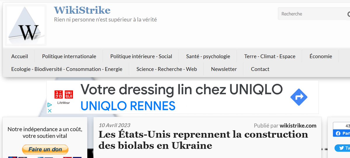 slpng_giants_fr's tweet photo. Aïe aïe @UNIQLO_France,
Votre pub de proximité s'affiche sur le site #Wikistrike.com, qui se monétise grâce à ce type de bannières.
Ce site est un monument de conspirationnisme teinté d'antisémitisme et arrosé de propagande russe.
SVP excluez-le ! https://t.co/SEzP8GxAgO