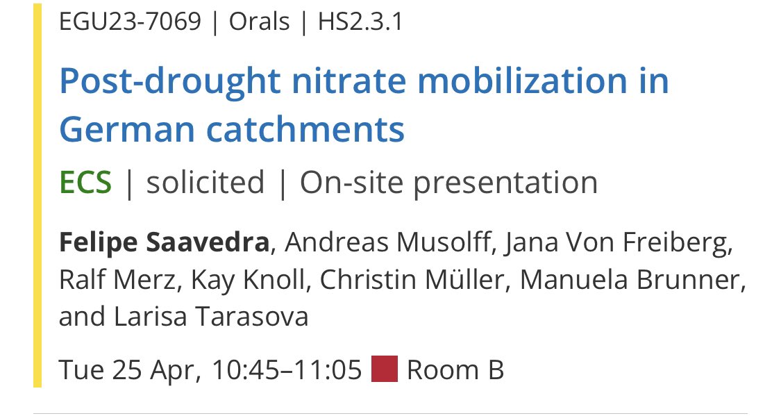 Day 2 at #EGU23! Don’t miss the invited talk by @fesaaved about #nitrate export increase during post-#droughts 🌦️ at 10.45 in Room B (HS 2.3.1 Water quality at catchment scale) 🤩 very very #ProudSupervisor!