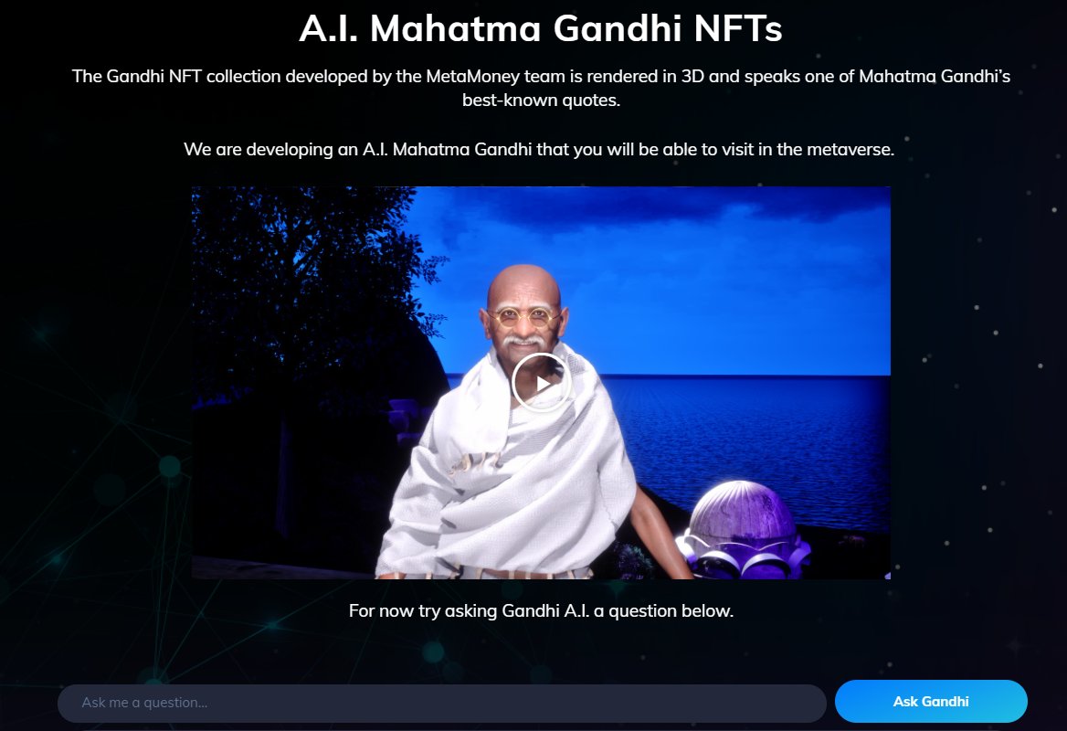 GargCrypto's tweet photo. Have you tried talking to Gandhiji AI on https://t.co/uCLRHPcDR5 ? It's an incredible experience! I had a chance to ask questions and receive insightful answers. Highly recommend giving it a try!  @CryptoPendu  #Metamoney #GandhijiAI #NFT #Metaverse https://t.co/nVClrCbmkR