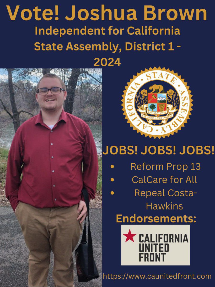 cali_united_'s tweet photo. We are proud to endorse Joshua Brown for California State Assembly! Not controlled by the Two-Party Dictatorship and has a strong focus on getting California’s economy to work for us and not the 1%! https://t.co/nXEITqblCv