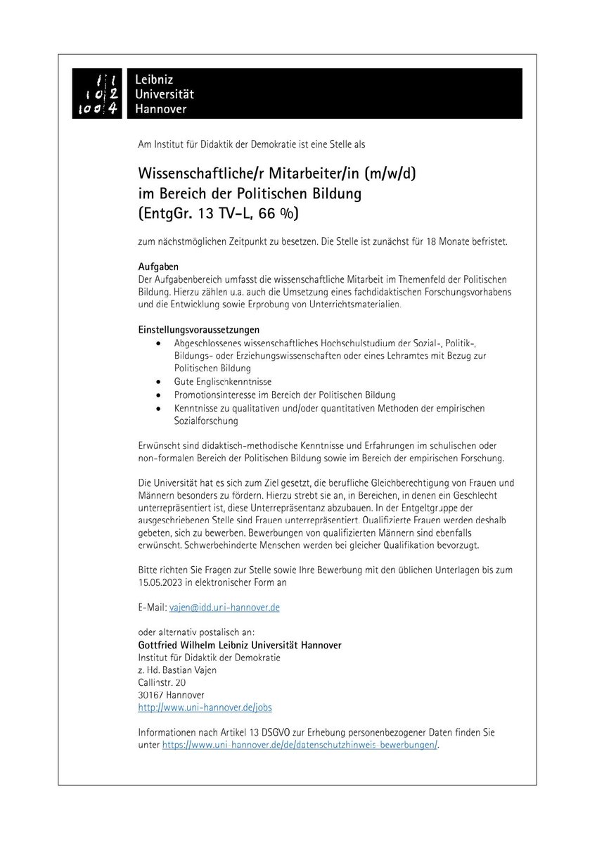 Demokratiedida1's tweet photo. Das Institut für Didaktik der Demokratie sucht zum nächstmöglichen Zeitpunkt eine*n wissenschaftliche*n Mitarbeiter*in (TV-L 13, 66%) im Bereich der politischen Bildung: 

https://t.co/mKizQPy0F1

Fragen zu der Stelle und/oder Bewerbungen gerne an:
Vajen@idd.uni-hannover.de https://t.co/xQchrDhSRx