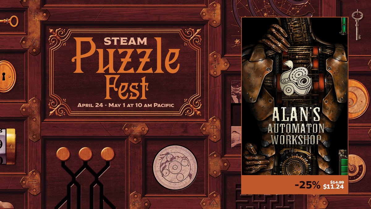 LaputaLabs's tweet photo. Join the celebration of creativity and brainpower at #SteamPuzzleFest!
🔎🧩🧩
To mark the occasion, Alan’s Automaton Workshop got a historically low price at -25% off! The event runs until May 1st. Don’t forget to check out ➡

https://t.co/LRp0CwUfHR

#Steam #PuzzleFest https://t.co/NWDmN4k56d