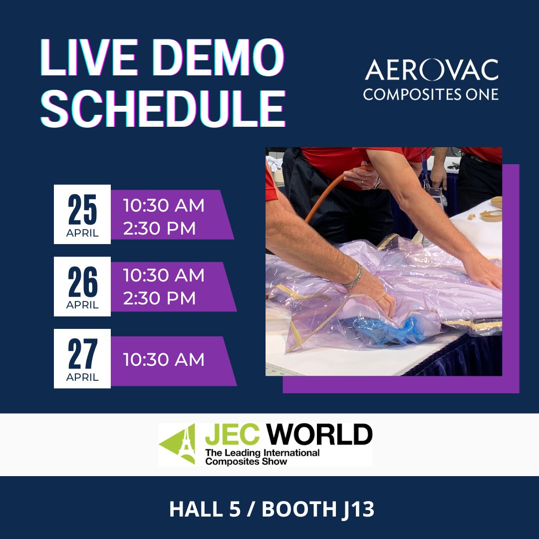 compositesone's tweet photo. Join the @AerovacLLC Team in Hall 5 / Booth J13 at #JECWorld in #Paris today through April 27! The #Aerovac Team will be conducting LIVE demos featuring VACFILM™ and STRETCH-VAC™ as well as reusable bags! https://t.co/niifLfEj8U.
#CompositesOne #JECWorld2023 #Innovation https://t.co/FGhOtV39o3