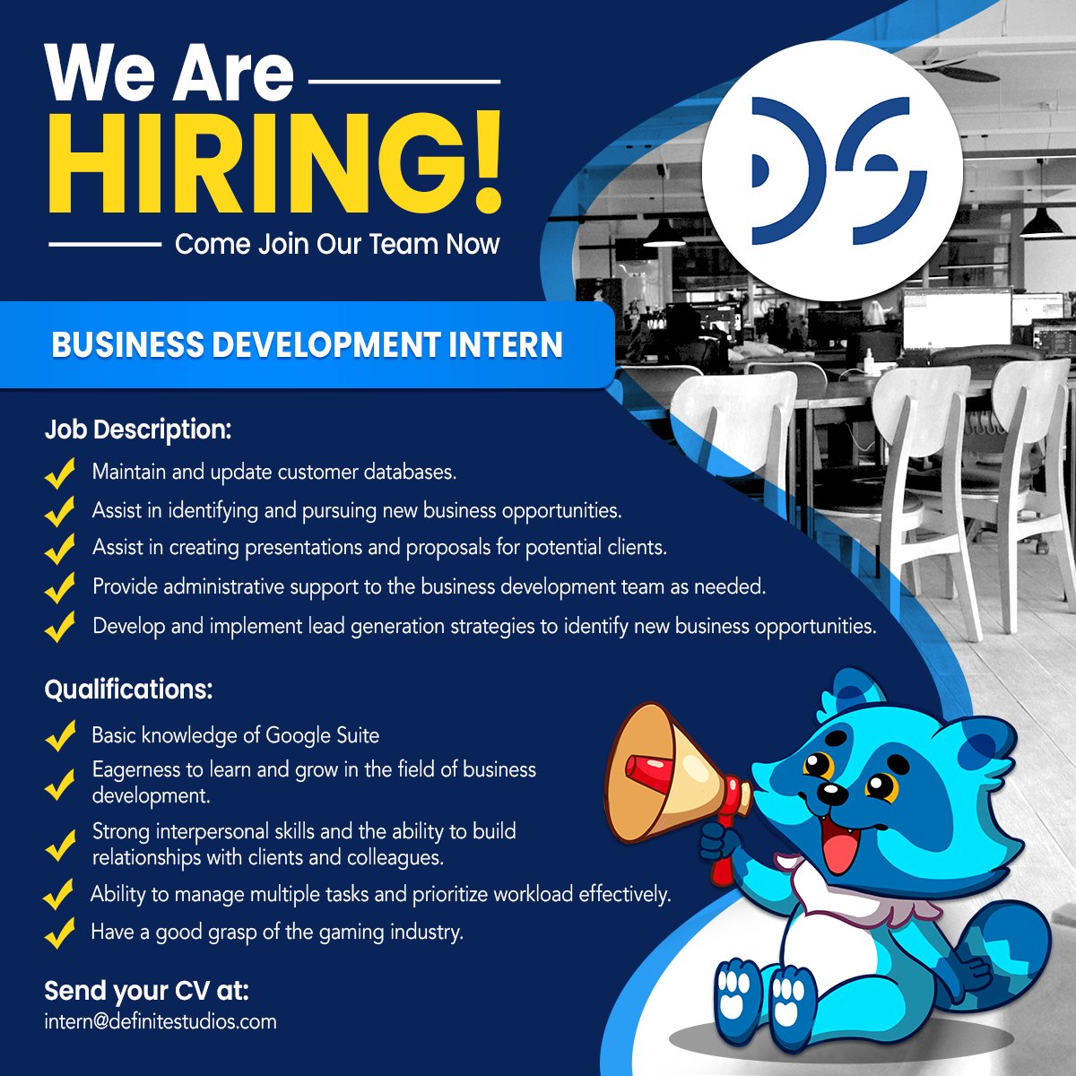 definitestudios's tweet photo. Ready to take on an internship adventure in a dynamic art, animation, and game development studio? We are looking for Marketing and Business Development Interns to help us continuously grow! If you fit the mark, send us your resume! 

#definitestudios #internship #opportunities https://t.co/GpxNulWS4r