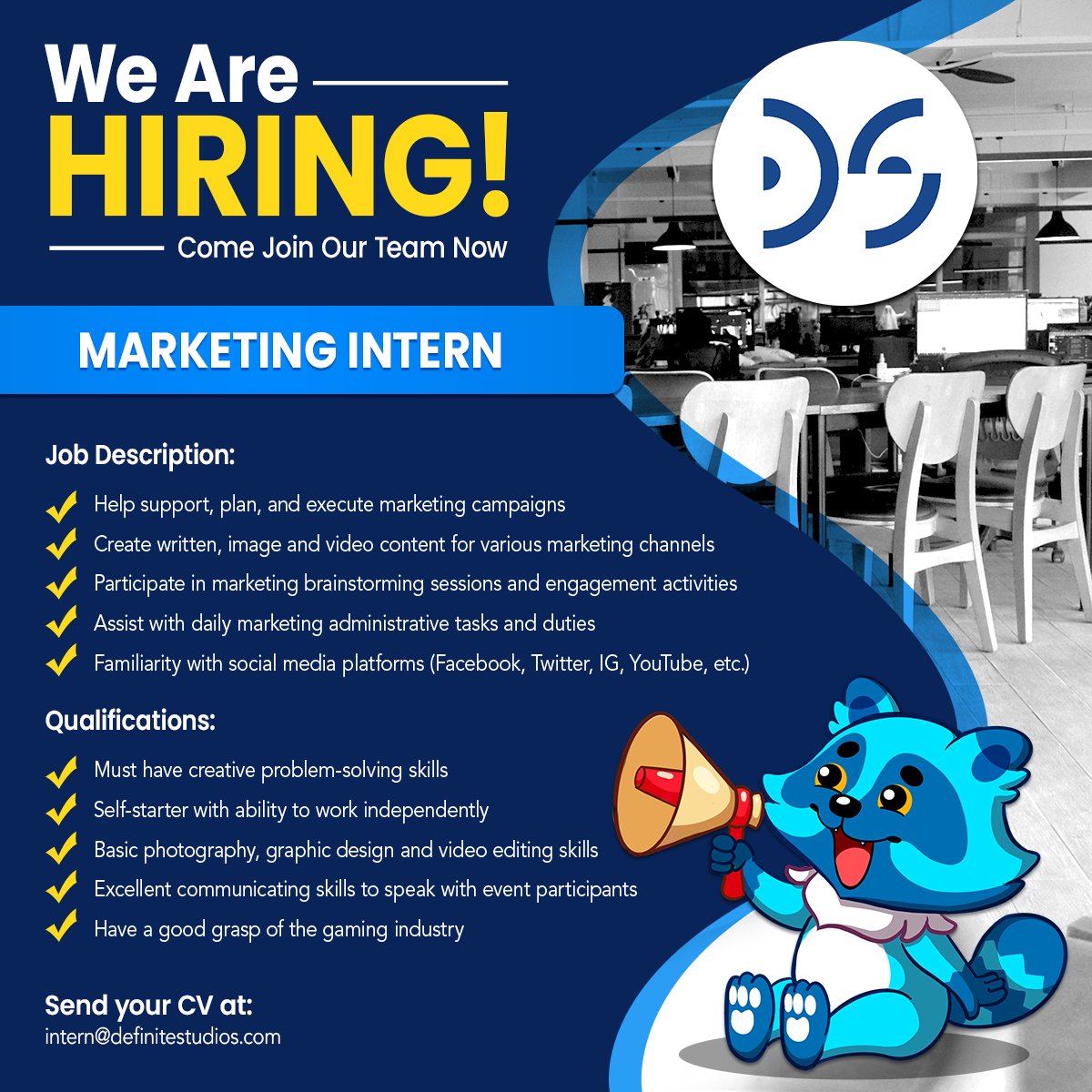 definitestudios's tweet photo. Ready to take on an internship adventure in a dynamic art, animation, and game development studio? We are looking for Marketing and Business Development Interns to help us continuously grow! If you fit the mark, send us your resume! 

#definitestudios #internship #opportunities https://t.co/GpxNulWS4r
