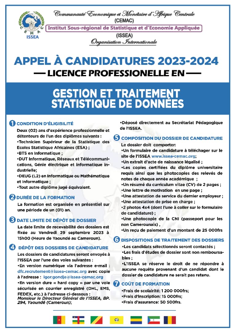 gondjei's tweet photo. #ISSEA #CEMAC lance un appel à candidatures pour le recrutement dans les filières de formation de Licence professionnelle et Master professionnel, au titre de l'année académique 2023-2024.
#Statisticiens #RESA #L2BD #LGTSD #MDSMS #MSA #MAP @Orange_Cameroun @OrangeRca @MTNCameroon https://t.co/u90UV5Hlf6
