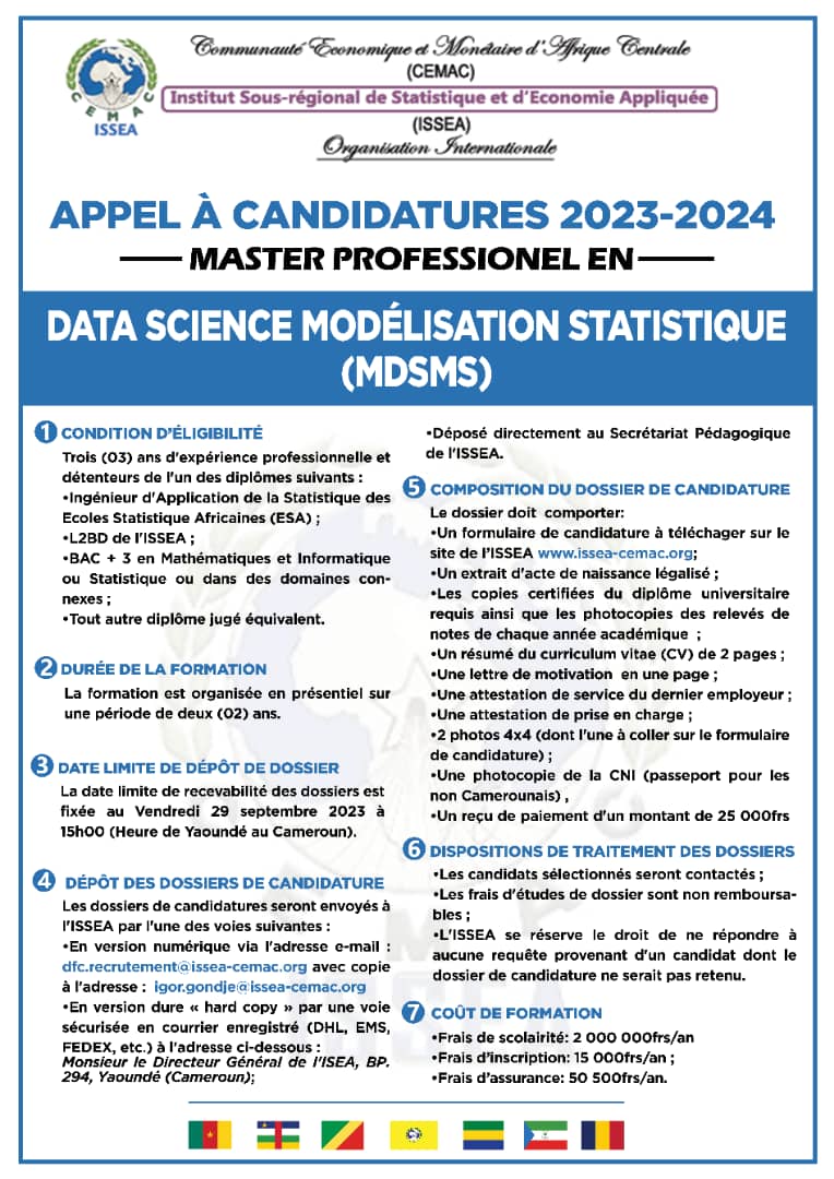 gondjei's tweet photo. #ISSEA #CEMAC lance un appel à candidatures pour le recrutement dans les filières de formation de Licence professionnelle et Master professionnel, au titre de l'année académique 2023-2024.
#Statisticiens #RESA #L2BD #LGTSD #MDSMS #MSA #MAP @Orange_Cameroun @OrangeRca @MTNCameroon https://t.co/u90UV5Hlf6