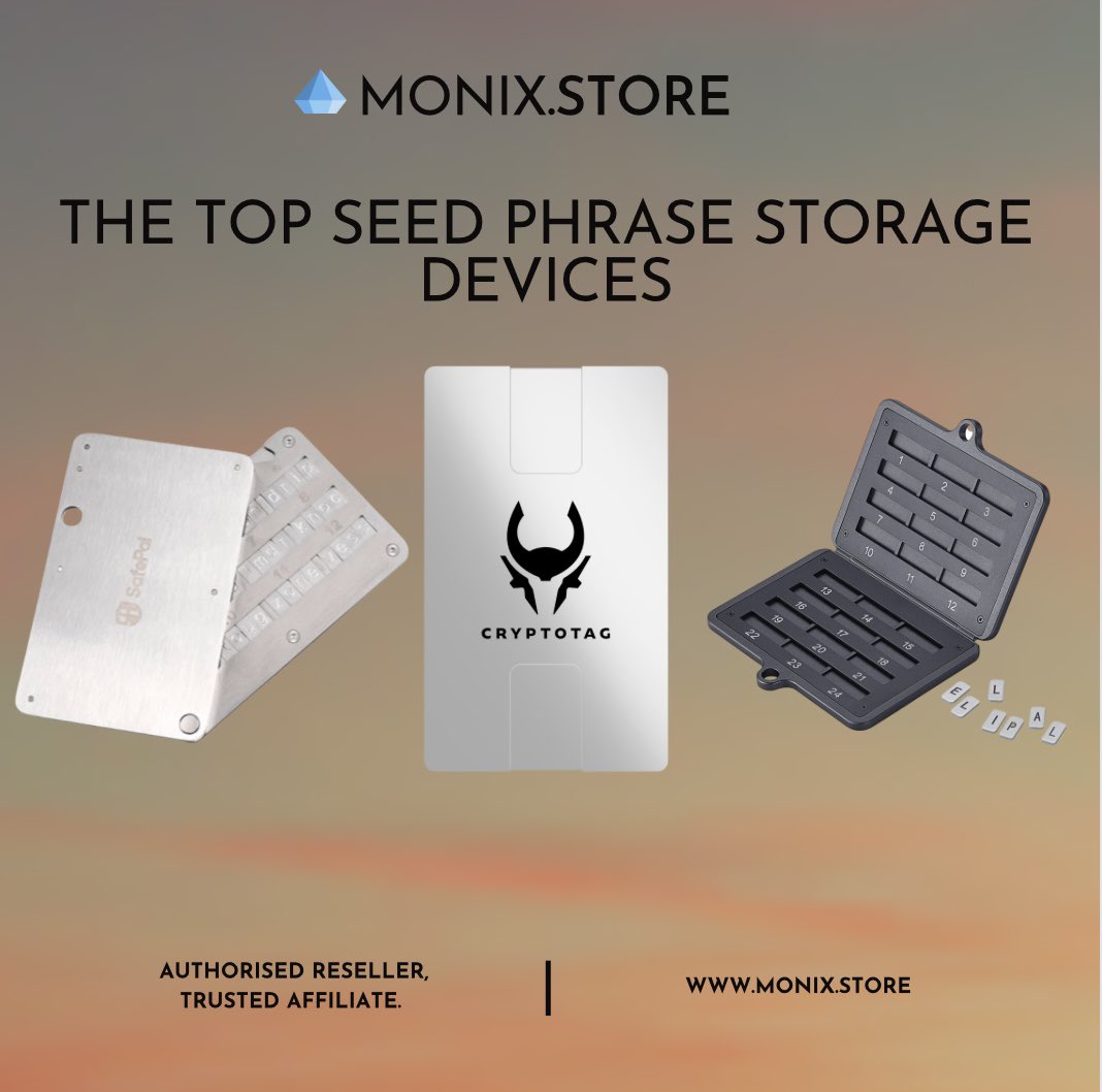 monixdotstore's tweet image. A Seed Phrase Storage device allows access to your funds even if you lose your wallet💳 

At Monix we offer three top Seed Phrase storage devices:

💎 SafePal Cypher 
💎 Cryptotag Zeus
💎 ELLIPAL Mnemonic Metal
———
#secureyourcrypto #safepal #cryptotag #ellipal #seedphrasestorage