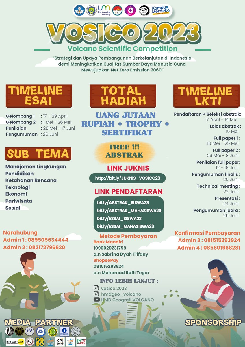 🗂 Juknis dan Formulir Pendaftaran: 
bit.ly/JUKNIS_VOSICO23
bit.ly/ESSAI_SISWA23
bit.ly/ESSAI_MAHASISW…
bit.ly/ABSTRAK_SISWA23
bit.ly/ABSTRAK_MAHASI…
Terbuka bagi seluruh siswa dan mahasiswa di seluruh Indonesia. Ayo segera daftarkan tim terbaik mu! Ditunggu