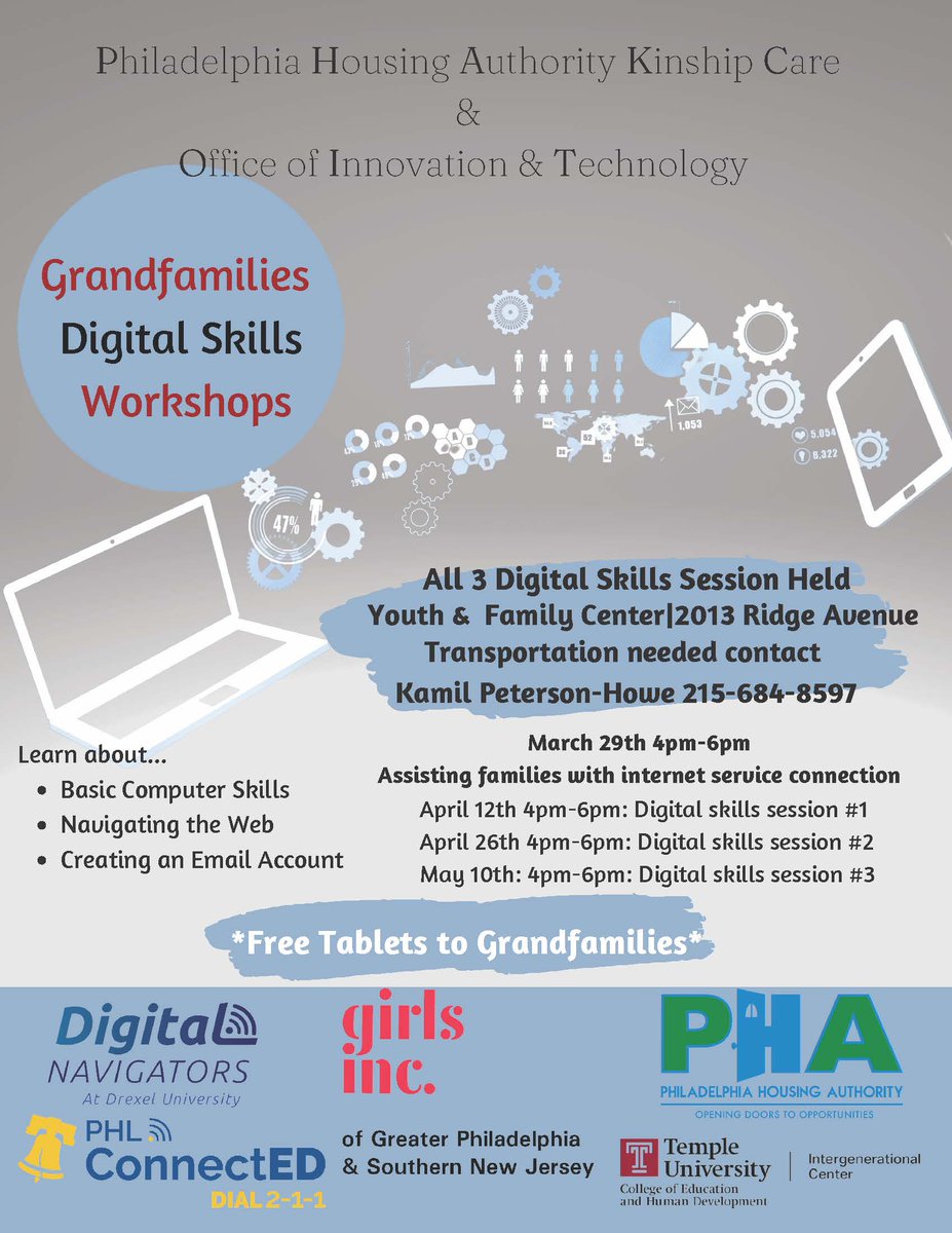 The Family and Youth center is hosting another Digital Skills workshop for the grandfamilies tomorrow from 4pm-6pm. In need of transportation, contact Kamil Peterson-Howe at 215-684-8597. #thephamodel